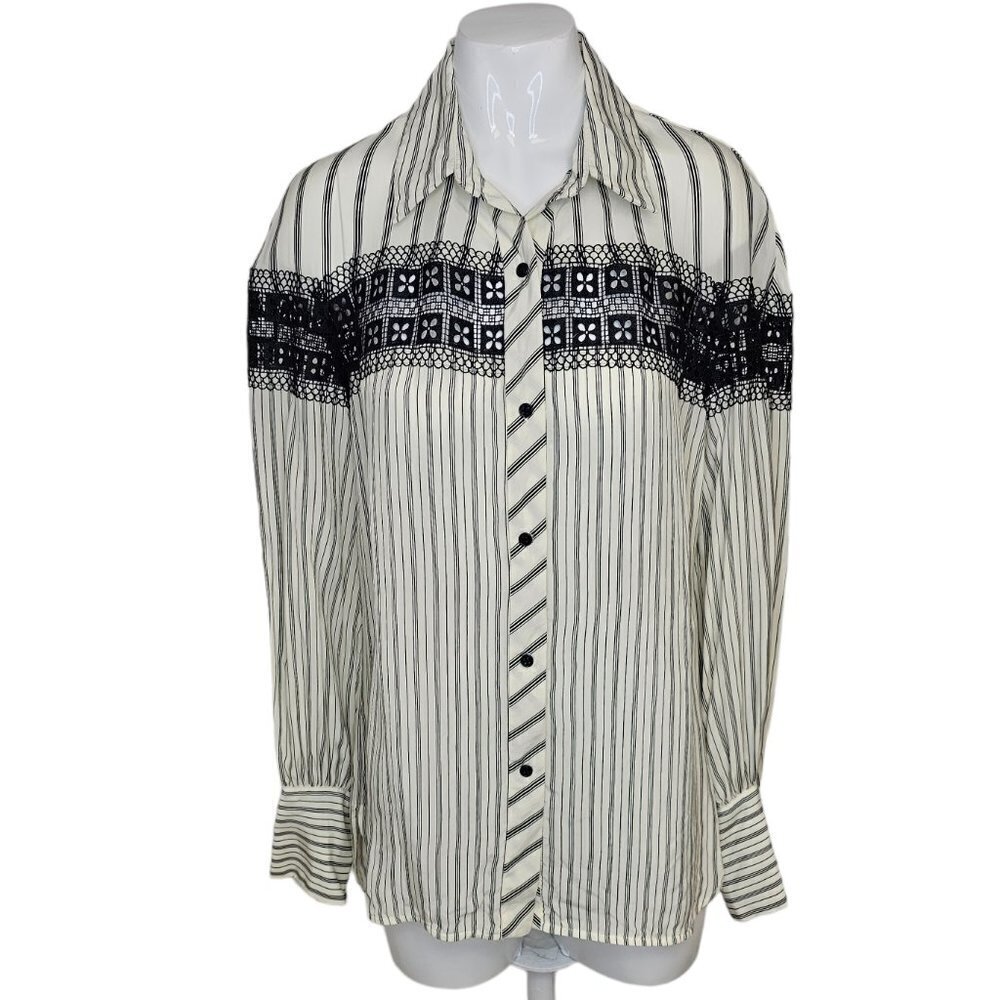 Sandro Paris Womens Lace Insert Striped  Shirt Button Down Size Medium